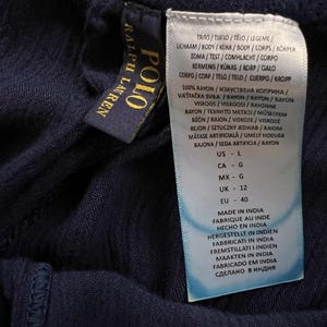May include: Navy blue fabric with two tags. One tag reads "POLO RALPH LAUREN" in gold lettering on a navy blue background. The other tag has white text on a white background, with information about the fabric content and origin.