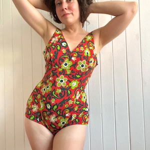 Vintage Floral One Piece Swimsuit - 60s 70s Mod Style - Medium