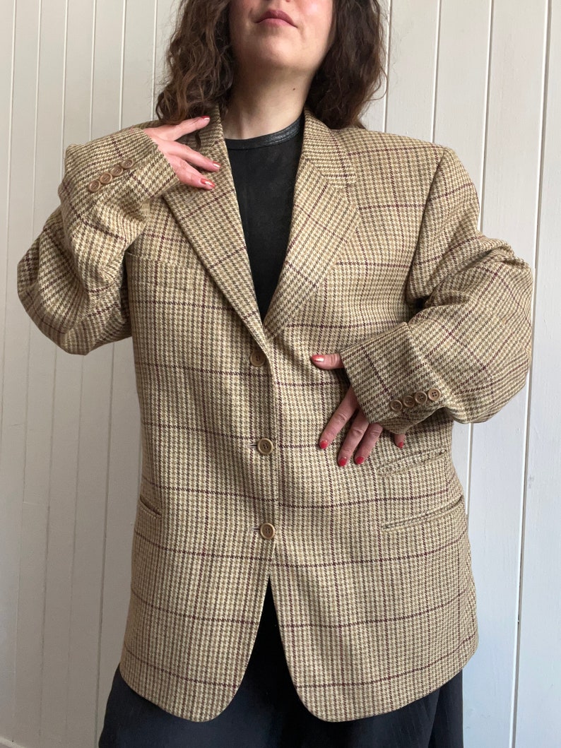Vintage des années 90 MULBERRY beige pied-de-poule Tweed laine hommes blazer taille grande preppy décontracté à carreaux veste de costume image 7
