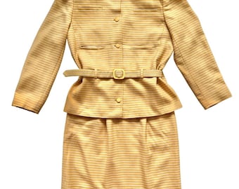 Traje vintage de lana Miss V de Valentino: conjunto de blazer y falda a cuadros amarillos (talla grande)