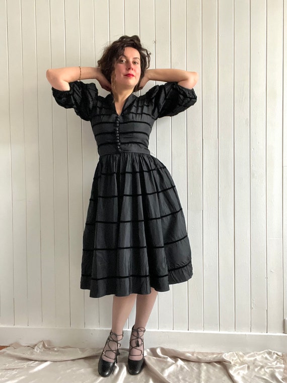 1930s Art Deco Black Balloon Sleeve Maxi Dress