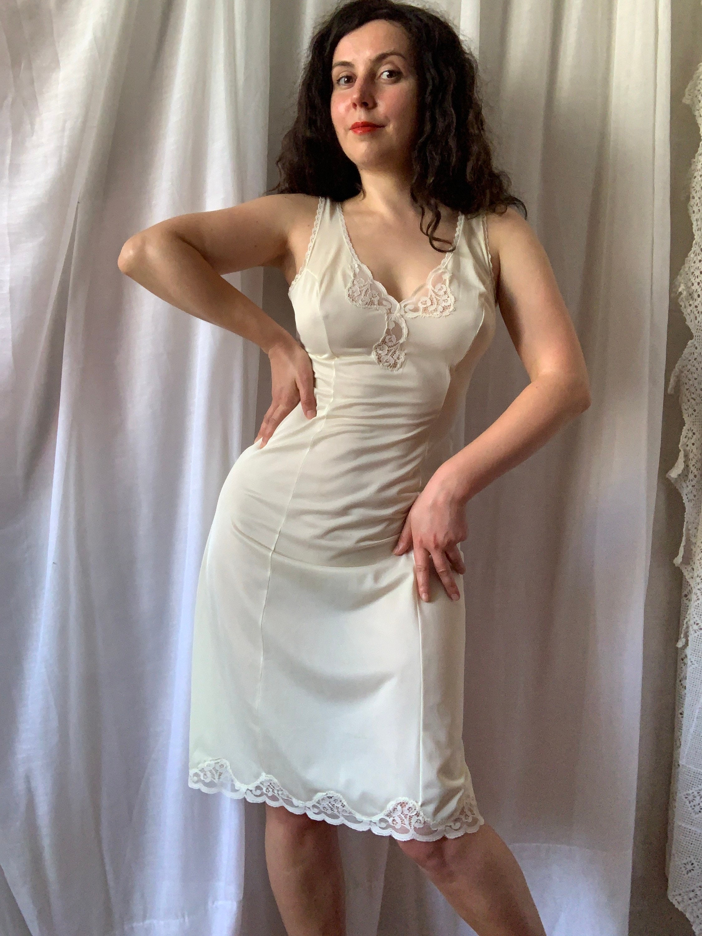 60s Ivory White Nylon Slip Dress Vintage Full Slip Size Small