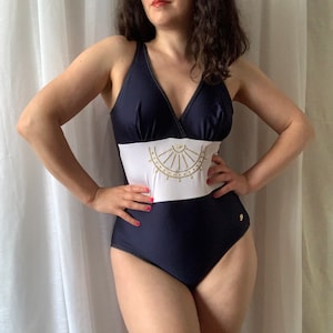 80s Navy One-Piece Swimsuit Janine Robin Vintage Bathing Suit Size Small