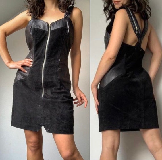 1980s Black Leather Dress, Fetish Leather Dress, L