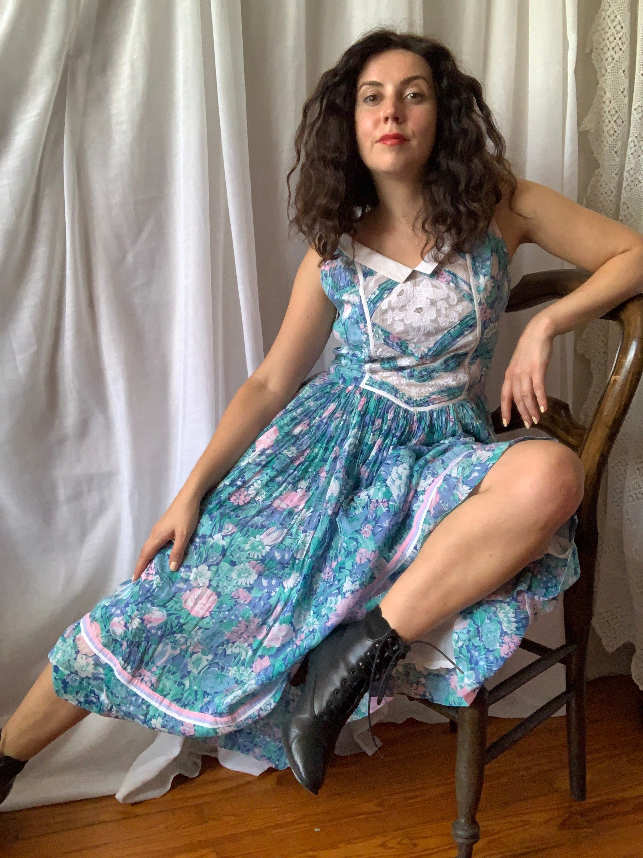 80s 90s Floral Dress RENE DERHY Vintage Romantic Summer
