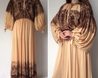 70s PRINCESS RASPANTI Beige Brown Silk Jersey Dress SIGNATURE Print Large Balloon Sleeves