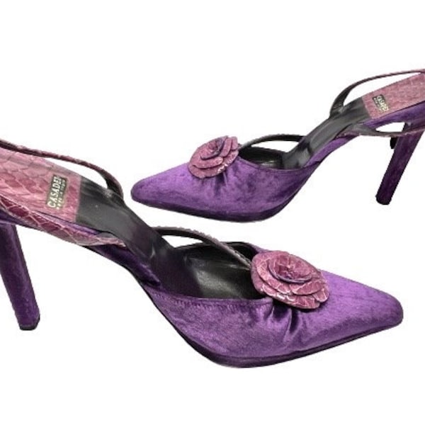 Vintage CASADEI 90s Purple Velvet High Heel Cocktail Shoes Sling Back Snake skin Flower Y2K  Pointy Toes Court Prom Shoes