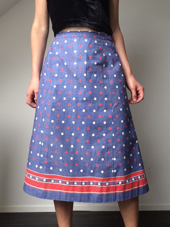 70s Blue Red Cotton Summer Skirt POLKA DOT Patter… - image 4