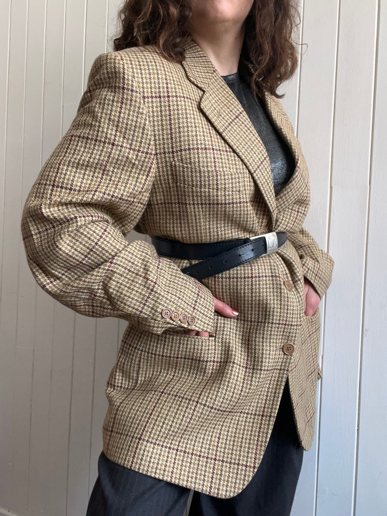 Vintage des années 90 MULBERRY beige pied-de-poule Tweed laine hommes blazer taille grande preppy décontracté à carreaux veste de costume image 10