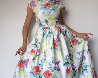 Handmade 1950s Cotton Dress - Floral Novelty Print Full Skirt