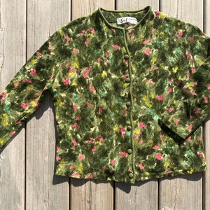 50s 60s Green Woolen Cardigan Made in France Artsy Abstract Pattern Button Down Midcentury Knitted Top Size Small Medium image 4