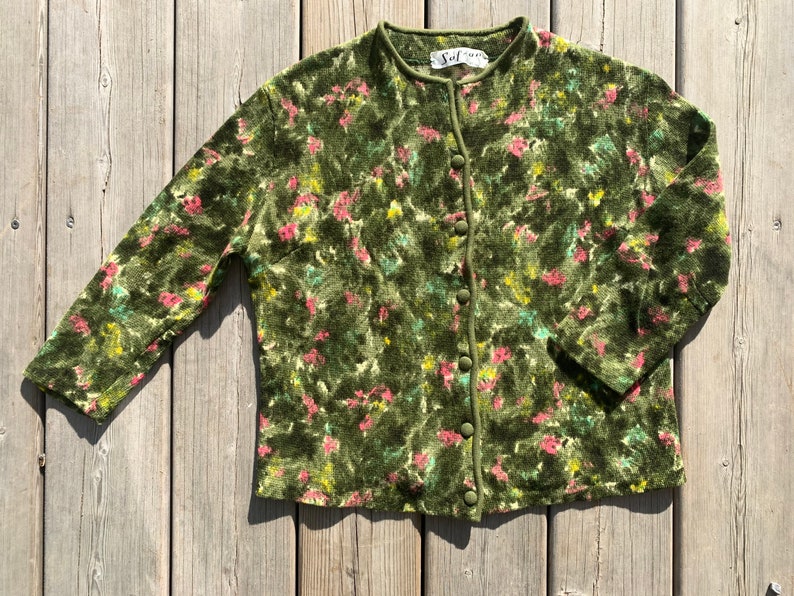 50s 60s Green Woolen Cardigan Made in France Artsy Abstract Pattern Button Down Midcentury Knitted Top Size Small Medium image 4