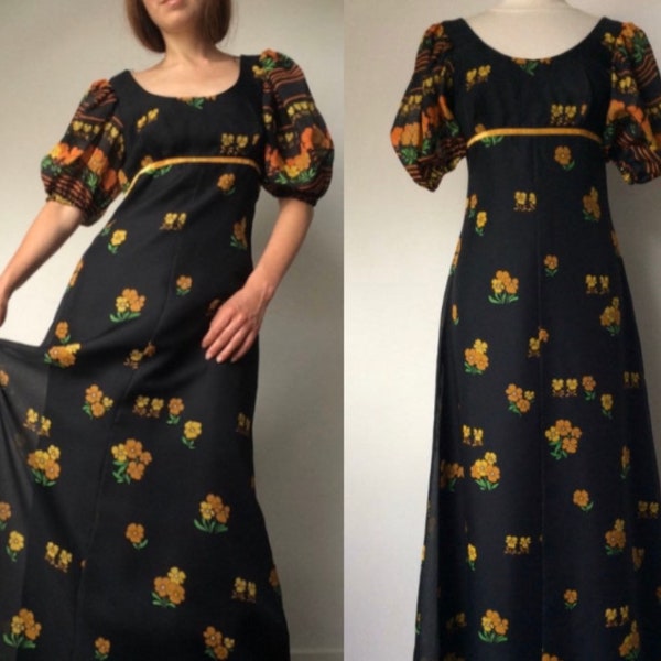 VERA MONT 1970s Maxi Dress Size Small Bohemian Dress Dress Puffy Sleeves Prerie Dress