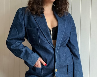 BURBERRY’S Blue Denim Long Blazer Taille Moyenne des années 90