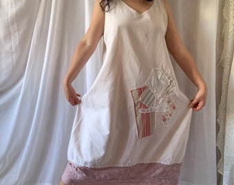 Abito in cotone antico riciclato - Monogramma patchwork, stile cottage boho