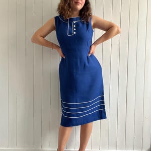 Vintage 60s Navy Blue Cotton Pencil Dress Marine Style Summer Sleeveless Dress Size Medium
