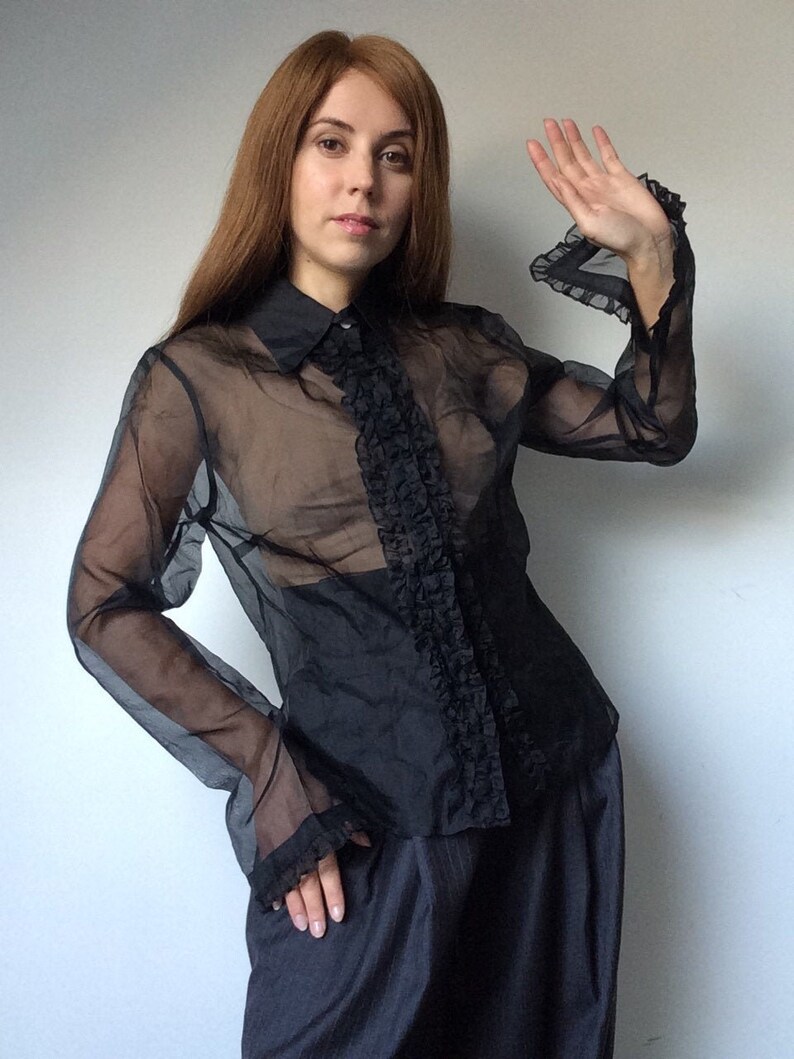 Silk Blouse Solit Sleeves Black Organza Blouse Bell Sleeves Transparent Blouse Vintage 90/'s Blouse Romantic Blouse Frilled Blouse