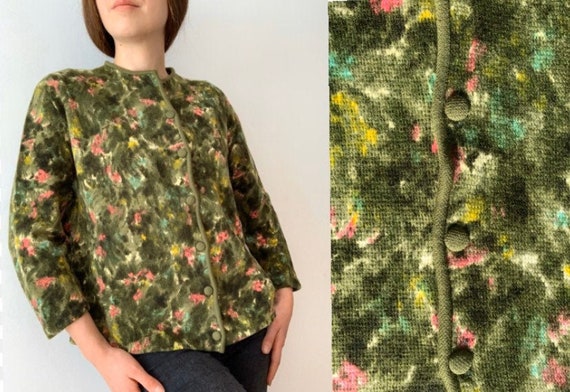 50s 60s Green Woolen Cardigan Made in France Arts… - image 1
