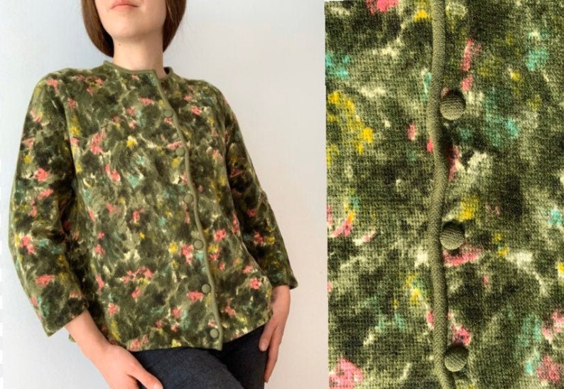 50s 60s Green Woolen Cardigan Made in France Artsy Abstract Pattern Button Down Midcentury Knitted Top Size Small Medium image 1