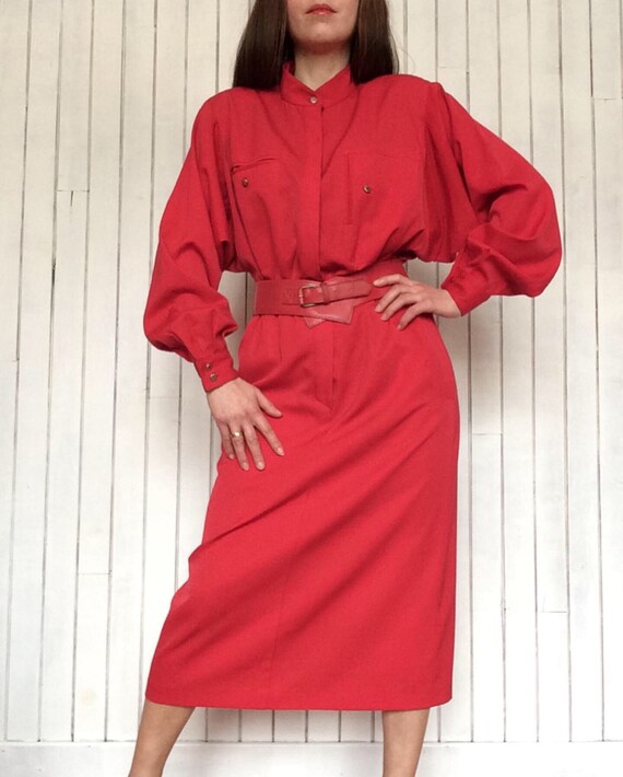 Vintage 80s LOUIS FERAUD Red Woolen Military Dres… - image 7