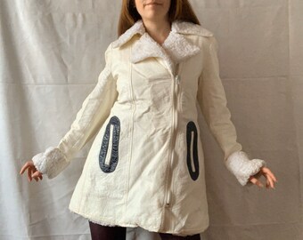 60 s blanc noir vinyle Mod manteau après ski PVC Sherpa doublure Space Age veste taille petite