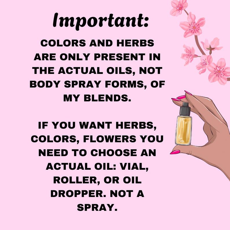 Op de afbeelding: Een roze afbeelding met tekst over etherische oli&euml;n en bodysprays. De tekst luidt: "KLEUREN EN KRUIDEN ZIJN ALLEEN AANWEZIG IN DE ECHTE OLI&Euml;N, NIET IN BODYSPRAYVORMEN, VAN MIJN MENGSELS." Een hand houdt een klein glazen flesje olie vast.