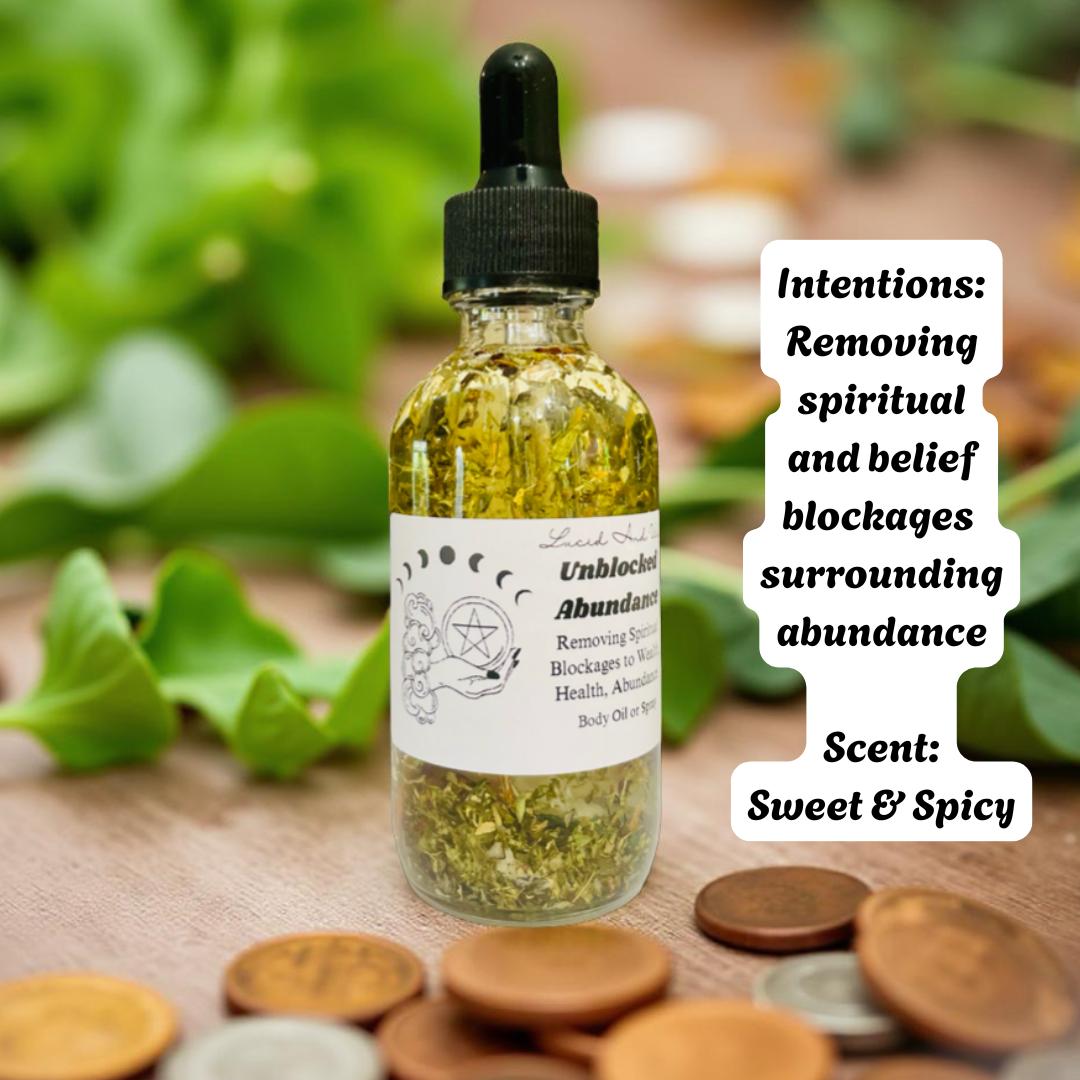 Unblocked Abundance Intention oil, Body Oil, Witchcraft, Wicca, Hoodoo, Conjure, money, wealth, remove blocks, reversals, witch, attraction