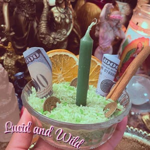 May include: A clear glass bowl filled with green-tinted rice, a green candle, currency, coins, dried orange slices, and cinnamon sticks. The bowl is held in a hand. The text "Lucid and Wild" is written on the bowl.