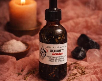 Puede incluir: Un frasco cuentagotas de vidrio ámbar oscuro con tapa negra y etiqueta blanca. La etiqueta presenta el texto "Lucid And Wild", "RETURN TO Sender" y "Returns energy back to those who sent it Ritual Oil or Spray".