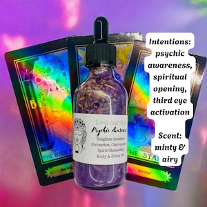 psychic body oil, psychic visions, summoning, spirits, third eye, remove blockages, conjure, hoodoo, divination, wicca, ritual oil