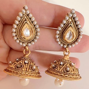 One gram gold Temple  Kundan Jhumka/Kemp Pearl gold jhumkas/ South Indian Earrings/ Antique jhumka Earring /Indian Temple jewelry/