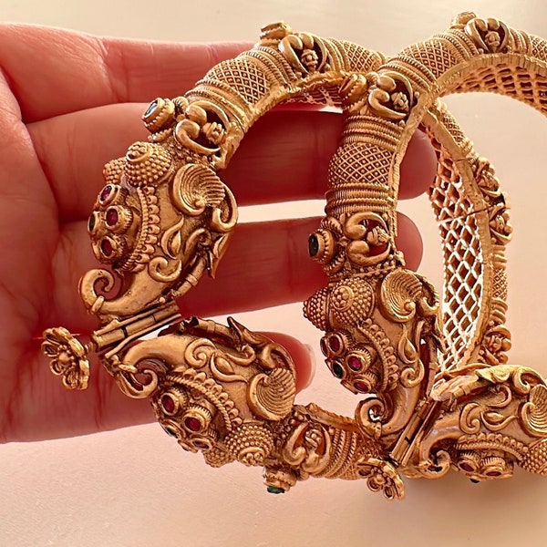 RubyGreen Rajwadi finish Gold elephant bollywood design Openable Bangles/Indian Rajwadi Kade/ Gold Bangles/Indian Bangles/Antique gold Kada/