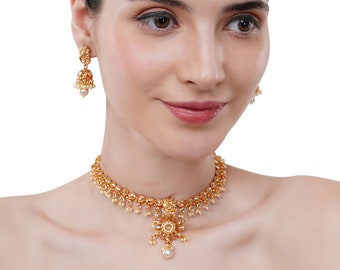 Petite ensemble collier Kundan Polki/Kundan Polki/Collier ras du cou en or mat/ensembles de bijoux de demoiselle d'honneur/collier en or antique Tikka