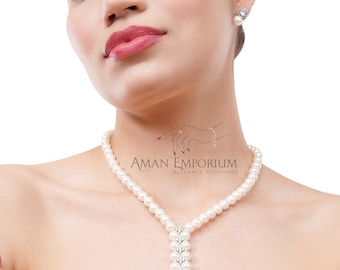 pearl Diamond Necklace with Earring/Diamond Necklace / Indian Jewelry/ Indian CZ Necklace / Indian American Diamond Emerald Choker