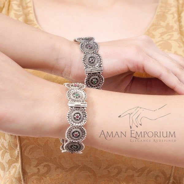 Openable Oxidized Silver Bangles  /German Silver /Oxidized Bangles/ Silver Bracelet /Indian bangles/ Banjara Bangles/Ruby green Bangles