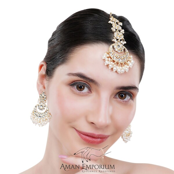 Gold kundan tikka and earrings set /Pearl mang tikka set/ pearl tikka earrings set/kundan tikka set/indian jewelry/