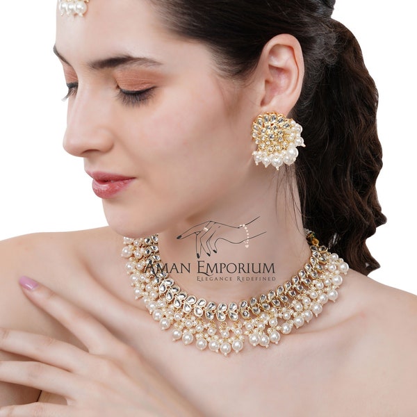 Gold Pearl Kundan Choker W/ kundan studs / Kundan necklace Tikka  /Indian Choker Necklace/ Pakistani jewelry/ bridal indian wedding jewerly