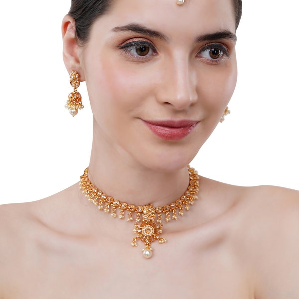 Petite Kundan Polki Necklace/Kundan Polki Necklace set / Matte Gold Choker Necklace/ Bridesmaid Jewelry Sets/Antique Gold Necklace Tikka