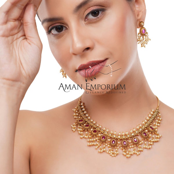 Kemp Necklace,/ Green Necklace/Gold choker necklace/Indian Necklace Set/Antique Gold choker /Indian Jewelry/Bridal Neckalce