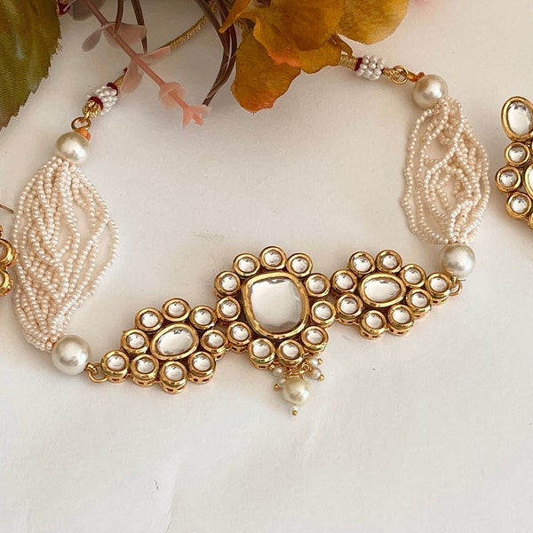 Pearl and Kundan Choker Necklace Set/Kundan Choker Necklace / Indian wedding jewelry/ Sabyasachi Necklace /Bridal choker