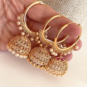 Gold plated  Antique Hoop Earrings/Gold jhumka earrings/Kundan Bali Jhumkas/Bali earrings/ Bridesmaid Jewelry/ Wedding boutique jewelry