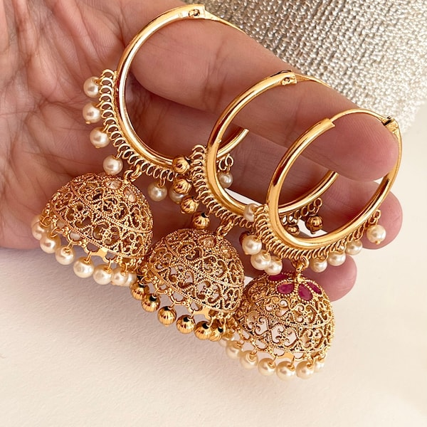 Gold plated  Antique Hoop Earrings/Gold hoop jhumka earrings/Kundan Bali Jhumkas/Bali earrings/ punjabi earrings/ pakistani earrings/