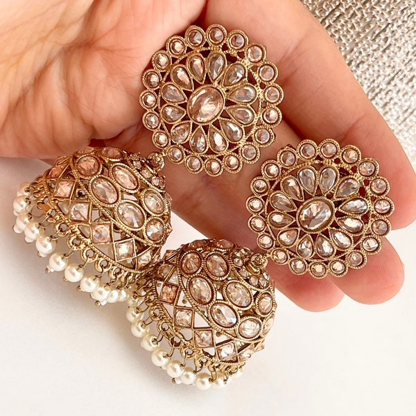 Antique Gold Jhumka  /Earrings Temple Jewelry / Dangle Drop Gold Jhumkas /Indian wedding/Kundan Jhumka/ Bridesmaid Earrings