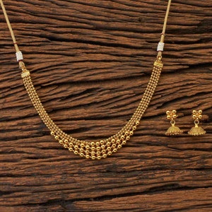 Petite Gold Necklace/ Girls small jhumki Necklace set / Matte Gold Choker Necklace/ Indian Necklace/Temple Necklace/ Indian Jewelry/ image 3