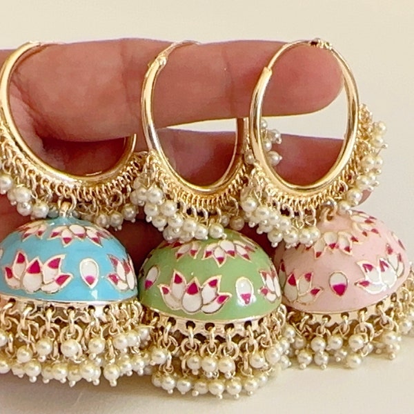 Meenakari Pearl Hoop Earrings//Kundan Bali Jhumkas/Bali earrings/ punjabi earrings/ pakistani earrings/Bali Jhumkas