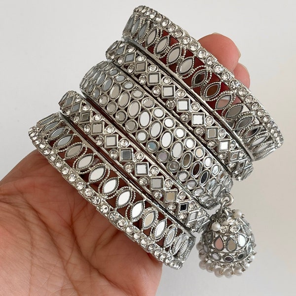 Silver Mirror Jhumka Bangles Set/Punjabi Mirror chuda bangles set/Kangans/Statement bangles/Indian jewelry/wedding jewelry/ kangan/