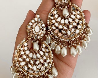 Mirror chandbali earrings/ Kundan earrings /Statement earrings / chic Bridal earrings/Pearl drop earrings/Mirror Jhumka /Bridesmaid Earrings