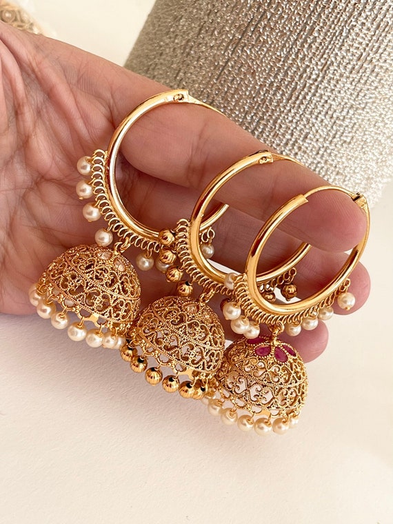 Jahanara Antique Gold Pearl Opneable Karra Bangle (Pair) & Jhumki Kund –  Punjabi Traditional Jewellery