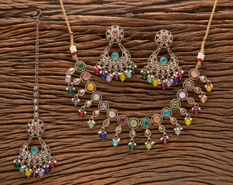 kundan Polki Multi color Choker Chand bali  Tikka Set/ Antique Dull  Choker /Indian Wedding jewelry/Kundan  Necklace Set with jhumka n Tikka