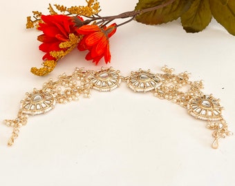 Kundan Pearl Sheesh Phool/matte gold Kundan Head Band/Bridal Matha Patti/Matha phool/Indian Bridal Jewelry/ Mathapatti Headpiece